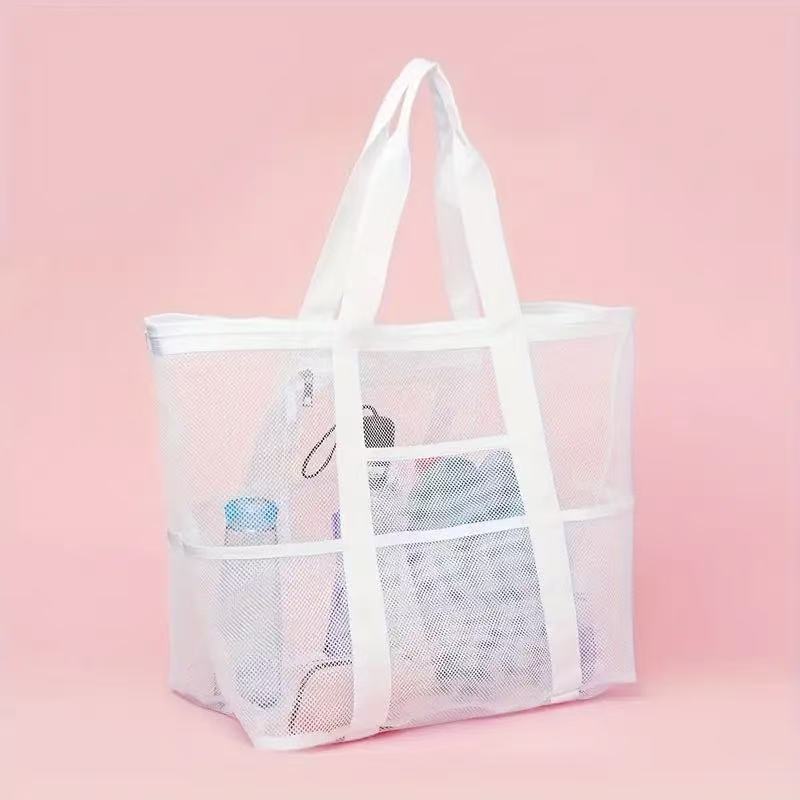 Beach Bag Shoulder Bag Mesh Beach Bag 8-Pocket Bathroom Bag Toy Storage Bag Large Capacity Mesh Cut Out Bag