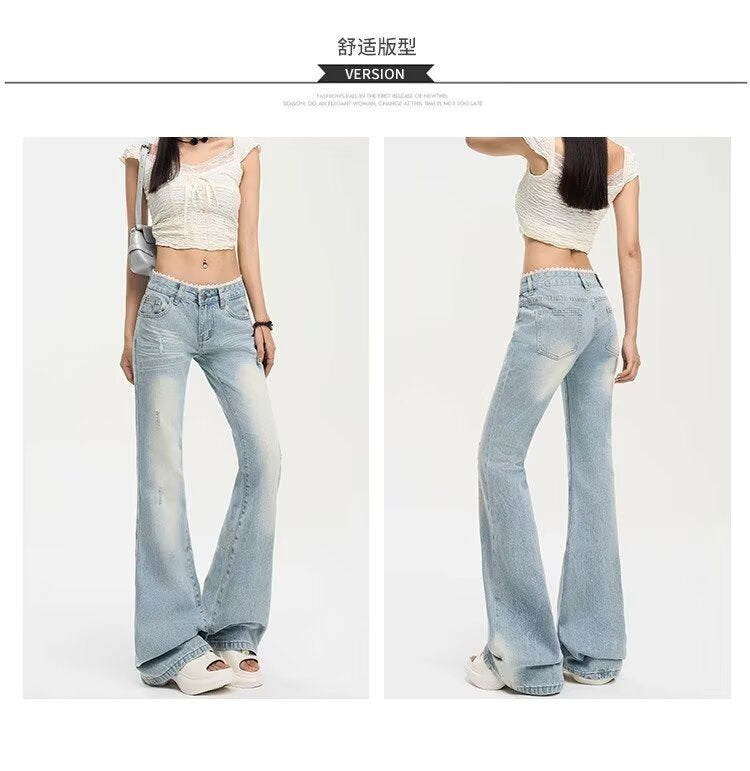 Washed Blue American Style Bootcut Pants for Women 2025 Autum New Lace Splicing Versatile Slimming Look Low-Waist Retro Jeans