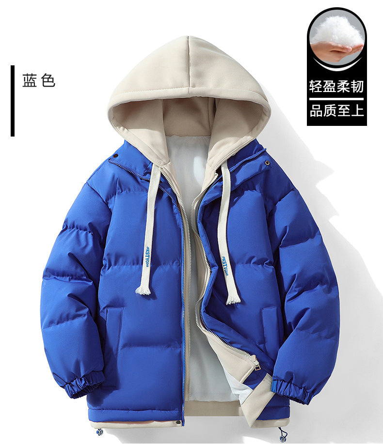 Hooded cotton-padded jacket winter thick warm couple's bread suit loose trend fake two-piece cotton-padded jacket men's hooded coat