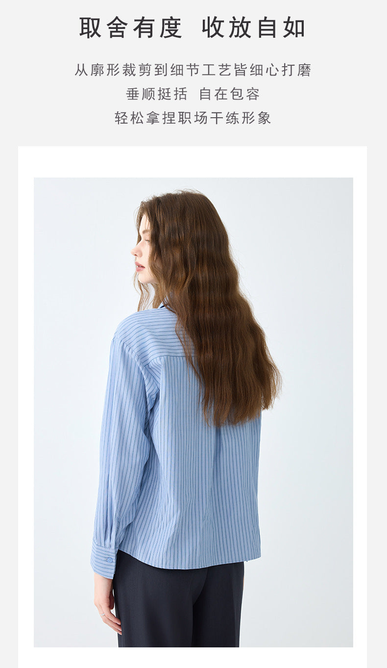Light Workplace Blue Striped Long-Sleeved Shirt for Women, Spring and Autumn Design Professional Shirt, Commuting Versatile Top