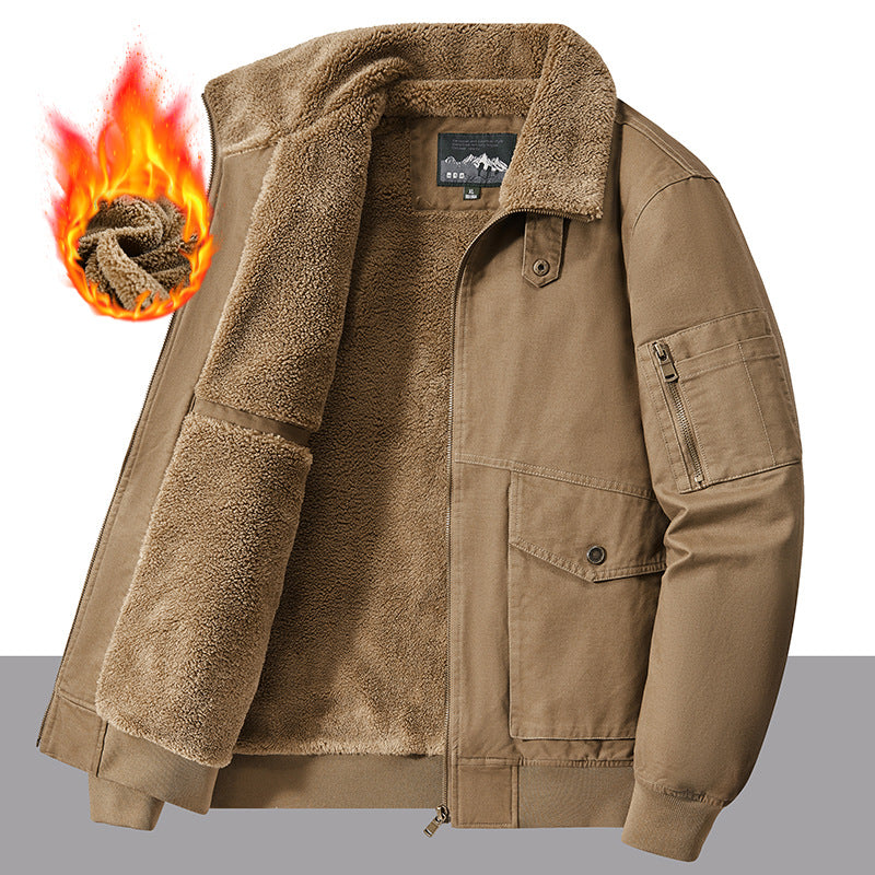2024 Autumn and Winter Cross-Border Cotton-Padded Jacket with Fleece Lining, Thickened for Warmth, Large Size Windproof and Cold-Resistant Casual Turn-Down Collar Coat