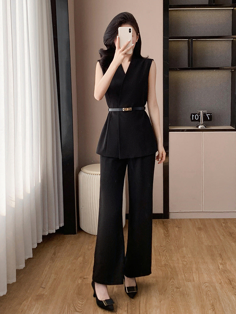 Fashion Casual suit 2025 New High-end Temperament Slimming Waist Sleeveless Jacket Straight Pants Two-piece Set