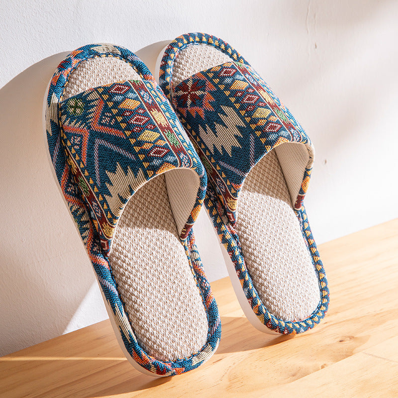 Linen Slippers Women's Spring and Autumn Household Couple's Home Indoor Mute Non-Slip Soft Bottom Four Seasons Cotton and Linen Fabric Slippers for Men