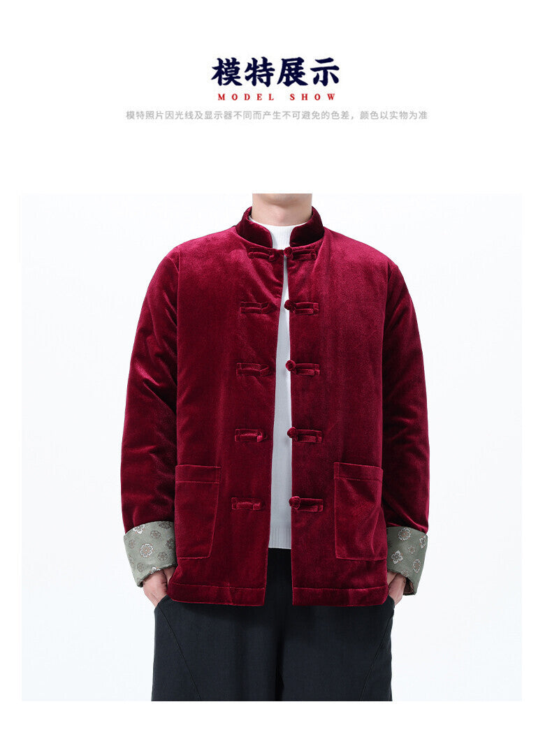 Winter Chinese-Style Tang Suit Jacket for Men, Corduroy Cotton Coat, Retro Thickened Cotton Clothing, Chinese-Style Button Cotton-Padded Jacket, Hanfu