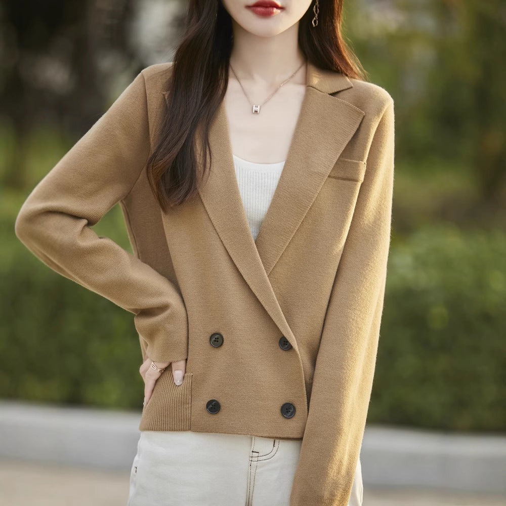Spring and Autumn Suit Collar Worsted Wool Cardigan Women's Casual Tops Autumn and Winter Cashmere Sweater Top New Style