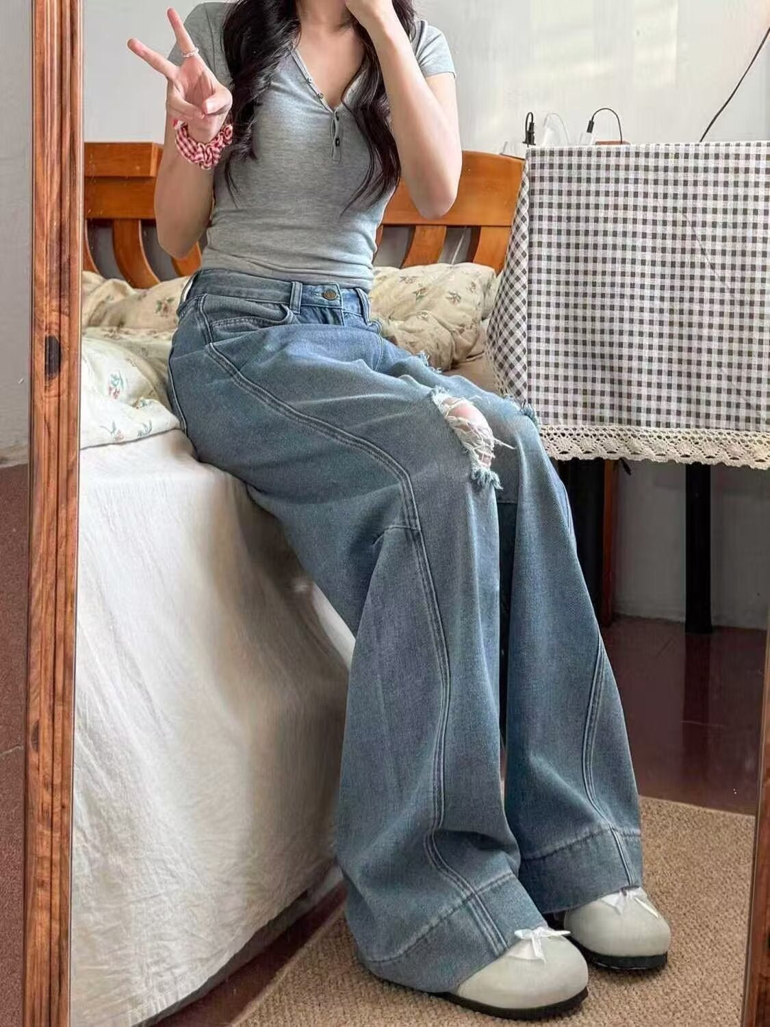 American Style Ripped Jeans for Women, Autumn New Plus-Size High-Waisted Pear-Shaped Figure Slimming Loose Wide-Leg Pants