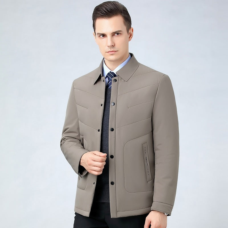 2025 Winter Mulberry Silk Men's Cotton Jacket with Turn-Down Collar, Quilted Middle-Aged Business Casual Cotton Coat for Dad