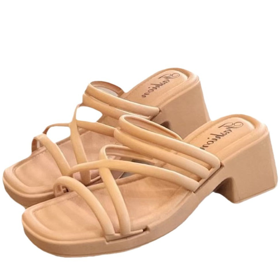 High Heeled Sandals Women's Summer Fashion Thin Strap Sandals Foreign Trade Thick Slippers Women's Southeast Asian Beach Outer Wear Sandals