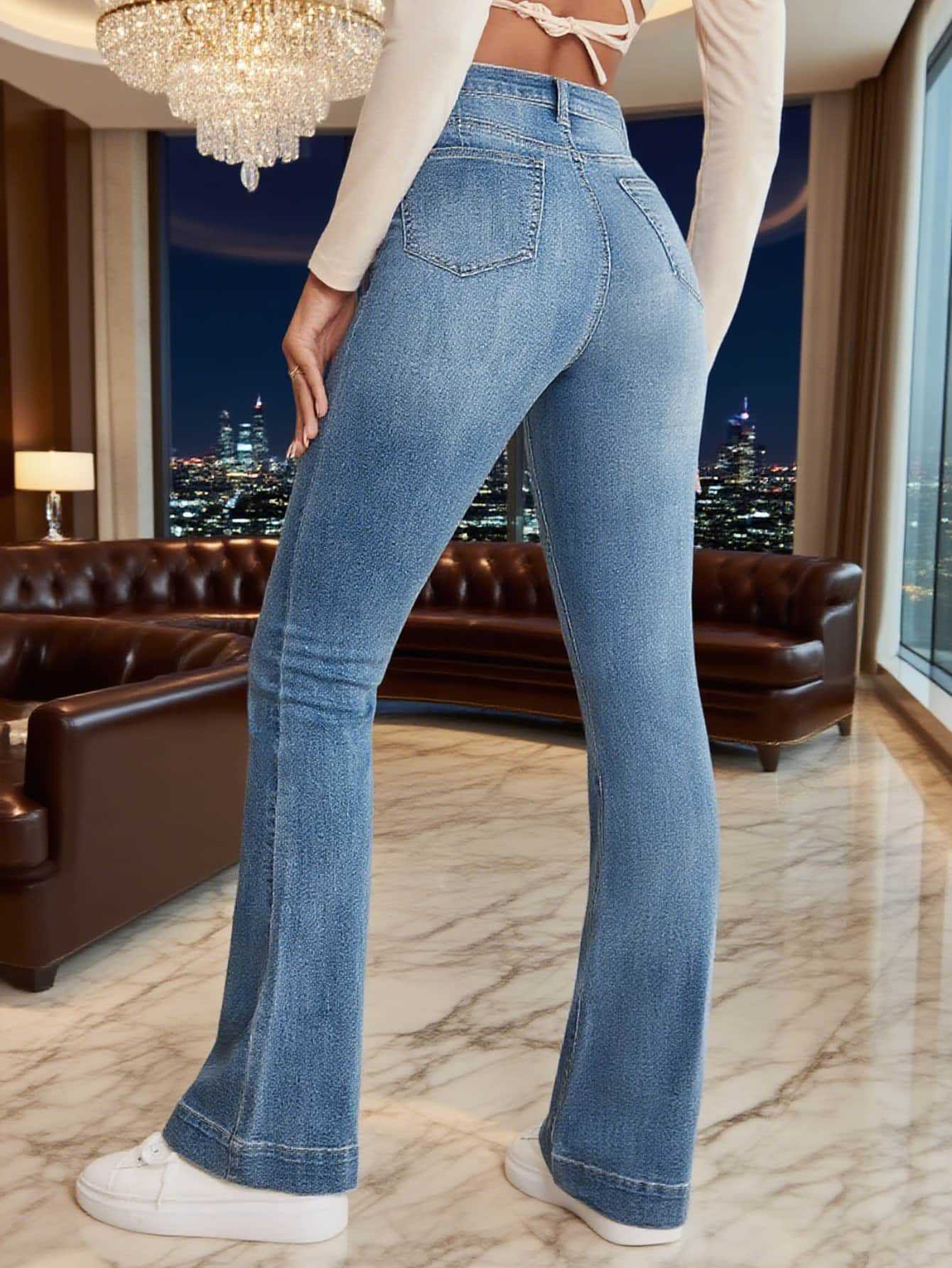 【Cross-Border Hot Item! ! 】 French Seam Detail Flared Jeans Blue Denim Pants Pattern