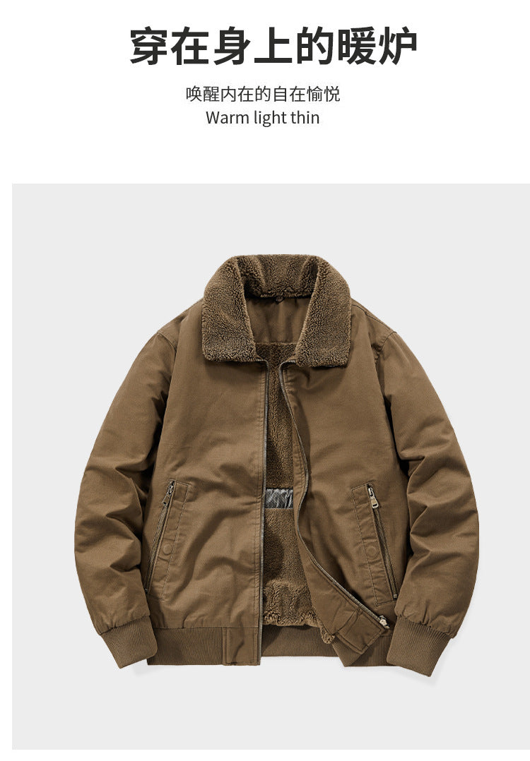 Pure Cotton Autumn and Winter Workwear Lamb Velvet Jacket Middle-Aged and Elderly Men's Jacket Flight Suit Winter Thickeneded Velvet Cotton Jacket