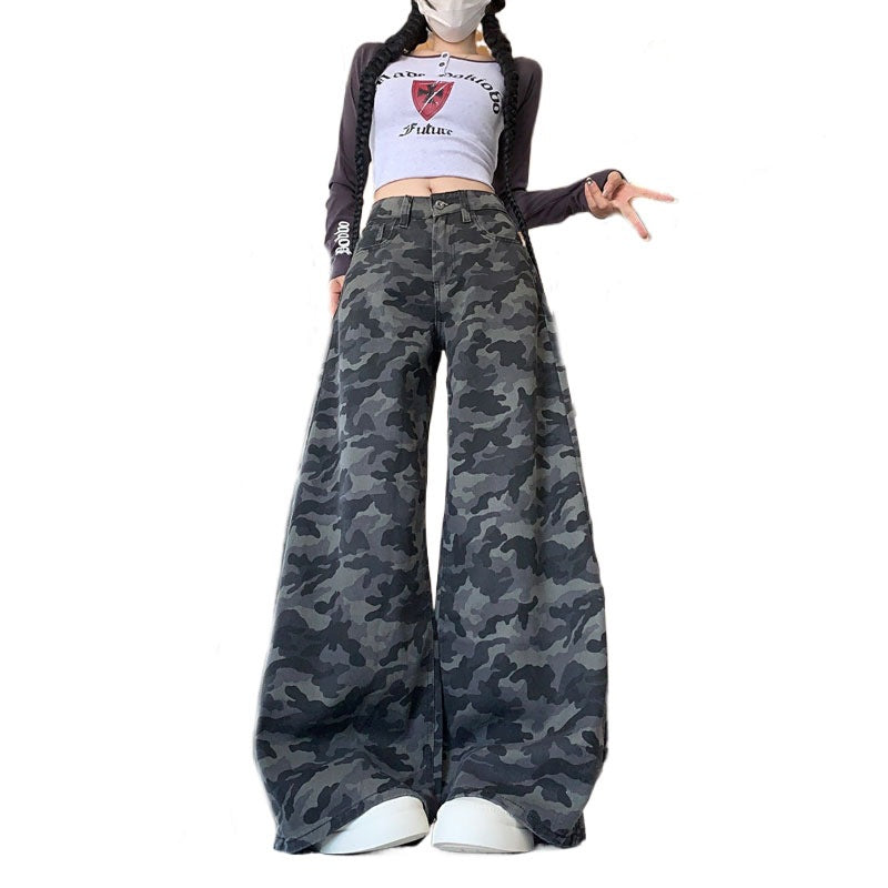 Plus Size Workwear Wide-Leg Camouflage Jeans for Women, Autumn American Style, Loose Retro Drape, Lazy Straight Pants for Chubby Women