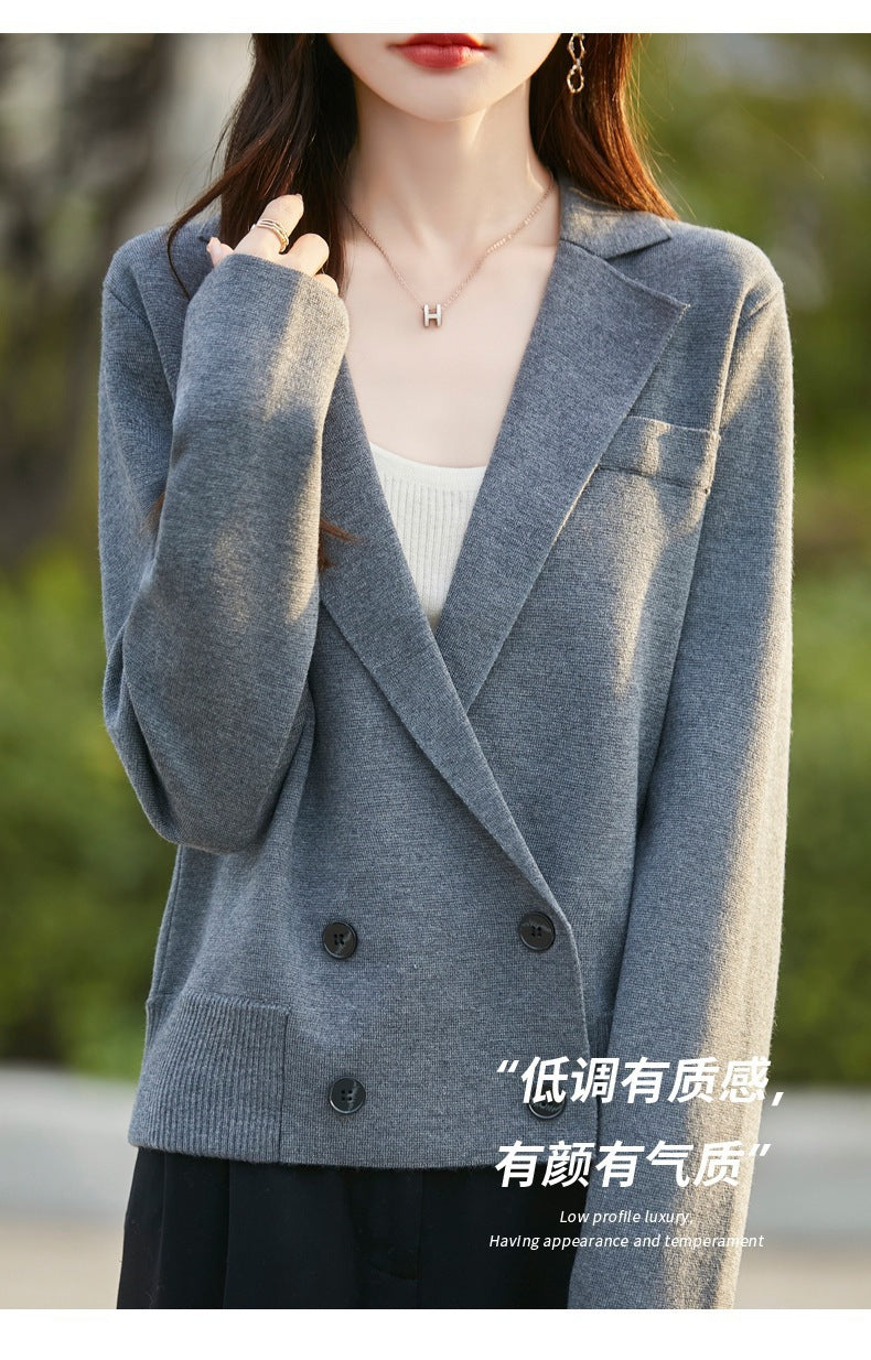 Spring and Autumn Suit Collar Worsted Wool Cardigan Women's Casual Tops Autumn and Winter Cashmere Sweater Top New Style