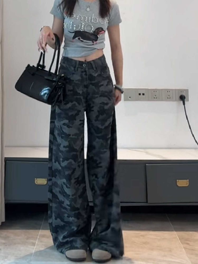 American-Style Plus-Size Camouflage Wide-Leg Jeans for Women, Designed for Petite Pear-Shaped Figures, Loose Casual Straight-Leg Pants