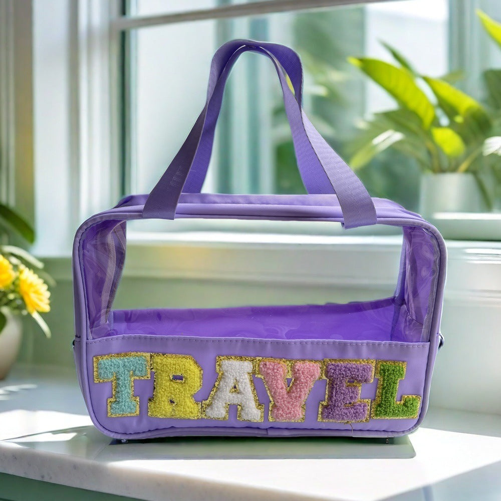 Amazon Cross Border Transparent PVC Handbag Embroidered Letters Storage Bag Large Capacity Travel Wash Bag