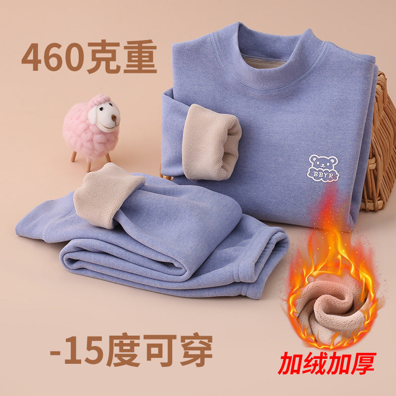 Autumn and winter fleece-lined children's clothing large children's mid-collar autumn pants children's inner warm bottoming shirt children's home clothing suit