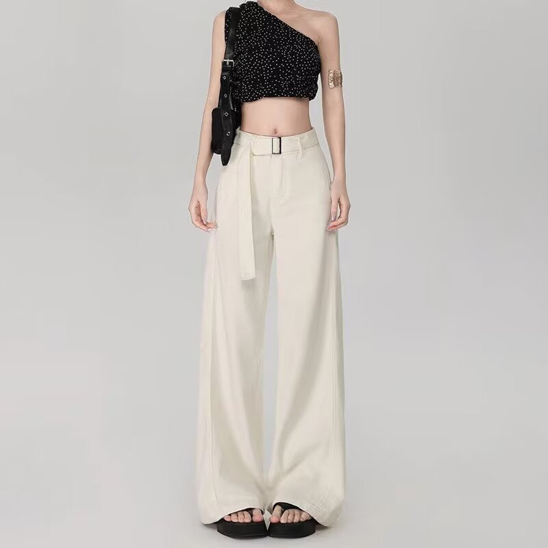 Off-White Wide-Leg Micro-Flared Jeans for Women 2025 Summer New Style Belt Draped Loose Straight White Pants