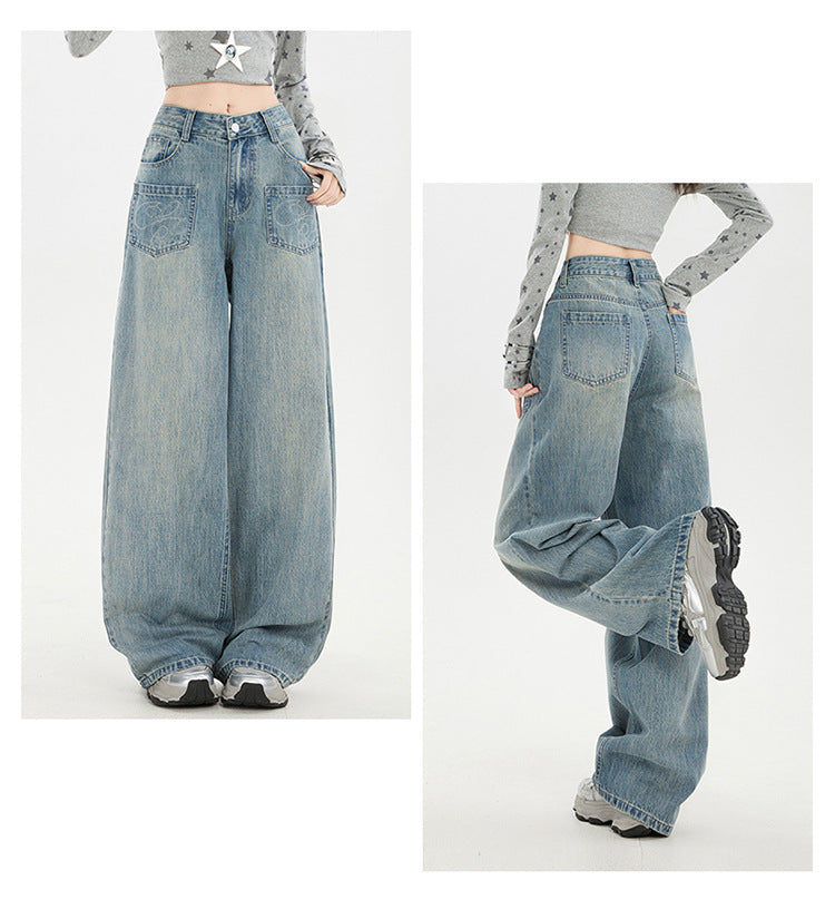 Raccoon House # American Retro Design Embroidered Jeans for Women 2025 Autumn New High-Waisted Loose Wide-Leg Pants Trendy