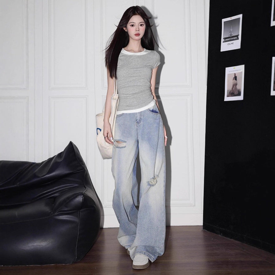 Spring and Autumn Design Retro Versatile Light Blue Ripped Jeans for Women American Style Loose High-Waisted Wide-Leg Pants