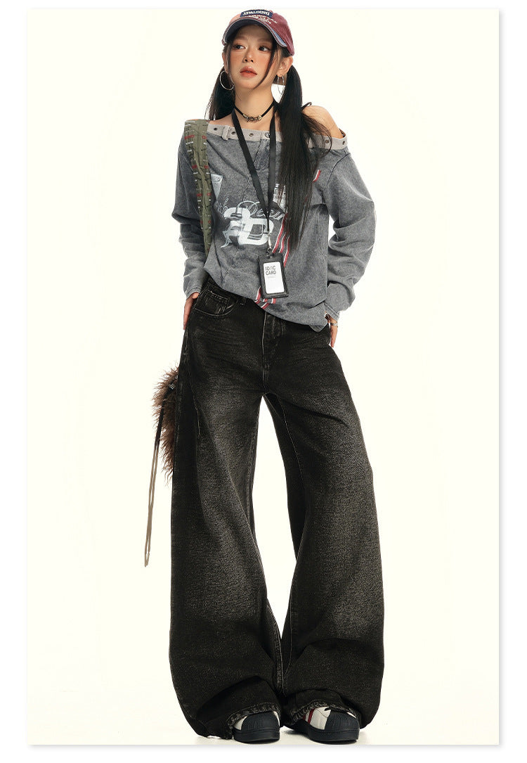 American Retro Wide-Leg Jeans for Women 2025 Early Autumn New Design Distressed Slimming Straight-Leg Floor-Length Pants