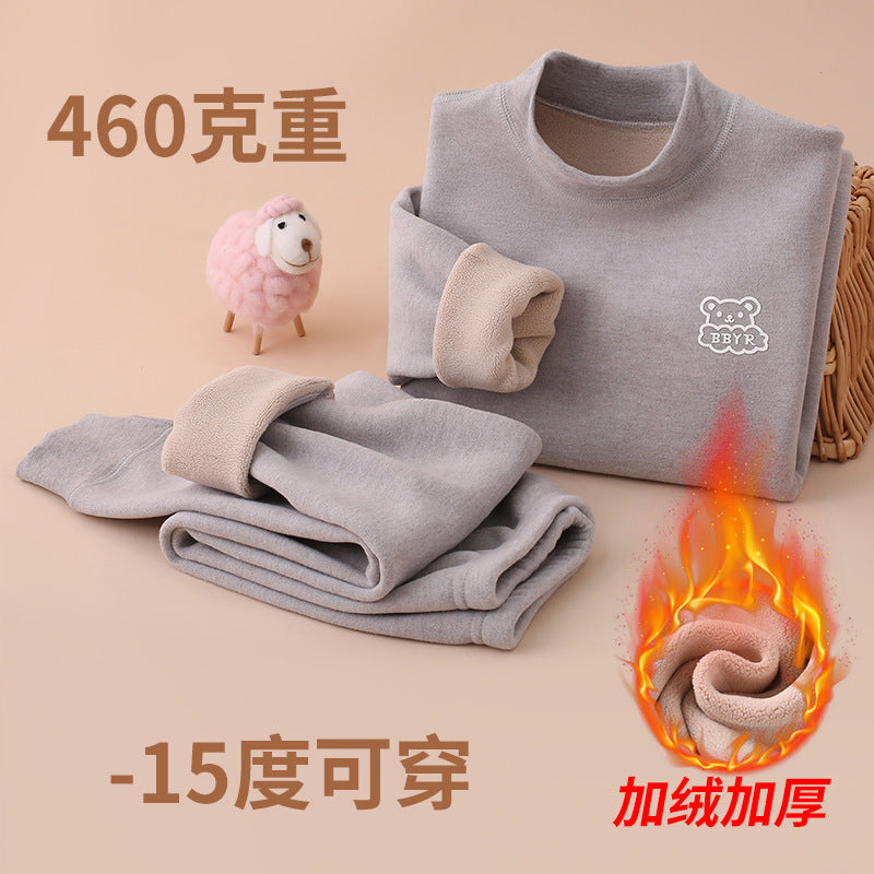 Autumn and winter fleece-lined children's clothing large children's mid-collar autumn pants children's inner warm bottoming shirt children's home clothing suit