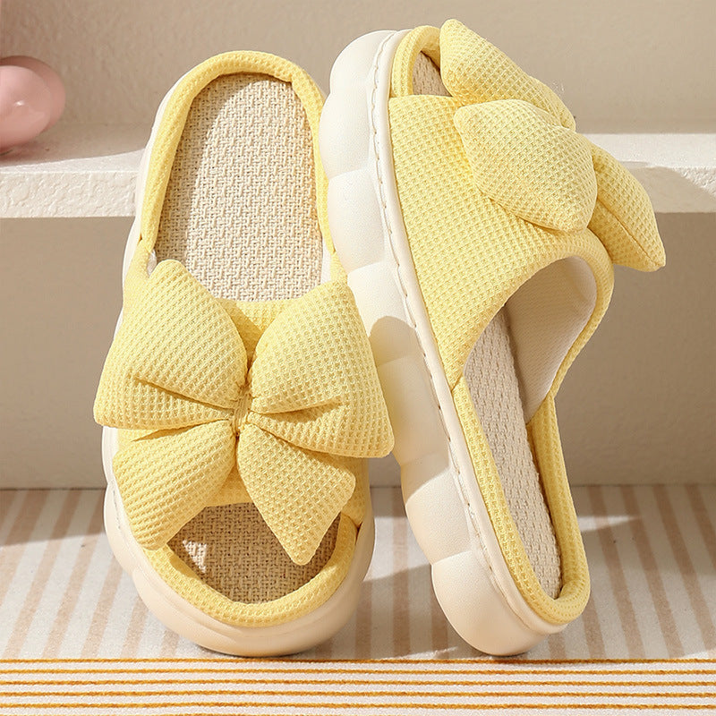 Cross-Border Foreign Trade Bow-Knot Linen Slippers for Women, Summer Home Breathable Non-Slip Comfortable Casual Indoor Thick-Soled Linen Slippers for Women