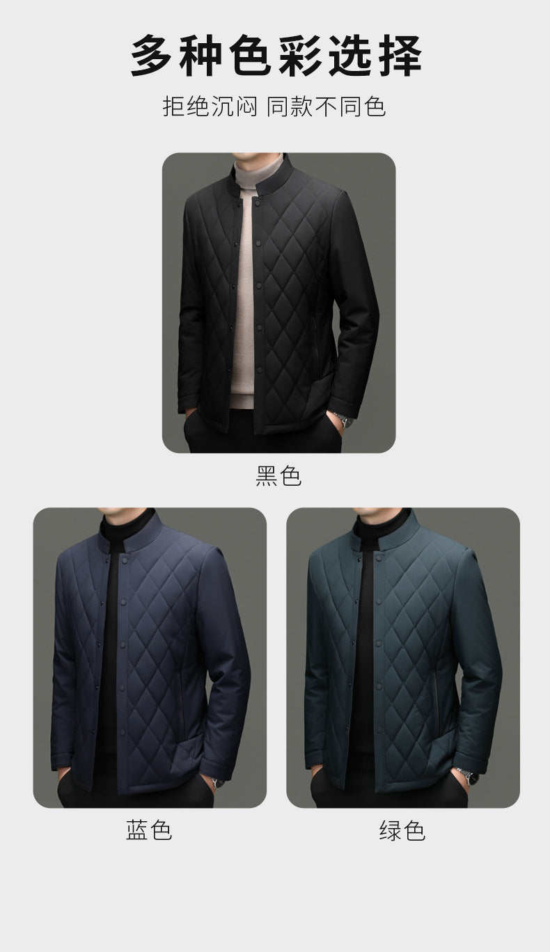 Men's Stand Collar Diamond Pattern Cotton Jacket Autumn and Winter Business Casual Warm Jacket Young and Middle-Aged Fashion Single-Breasted Top
