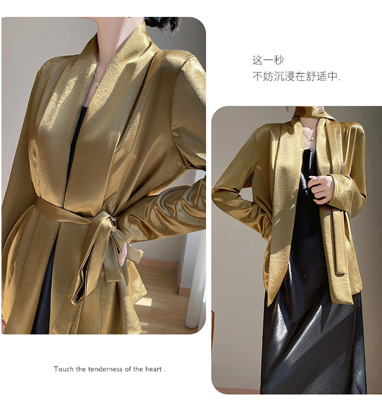 Gilt Satin Fashionable High-end Thin Jacket Spring Summer Autumn Commuter Buckle-free Suit Jacket Women's 2025 New