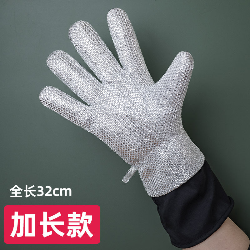 Kitchen Wear-resistant Anti-scalding Non-injuring Pot Steel Wire Gloves Five-finger Silver Wash Bowl Gloves Heat-insulated Oil-removing Waterproof Gloves