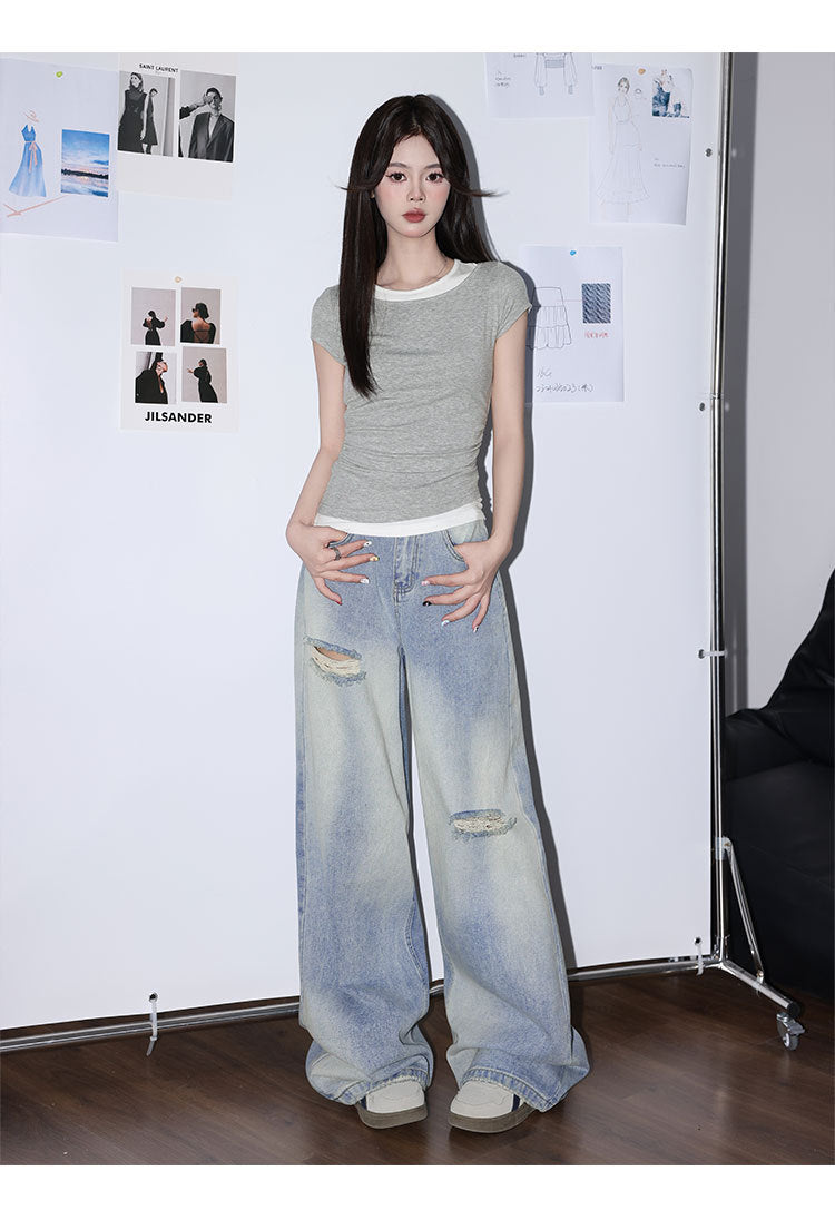 Spring and Autumn Design Retro Versatile Light Blue Ripped Jeans for Women American Style Loose High-Waisted Wide-Leg Pants