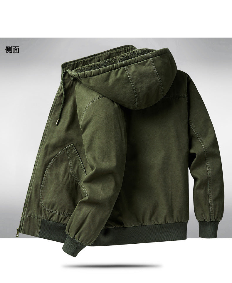 Men's Autumn and Winter Warm Fashion Fleece-Lined Bomber Jacket American-Style Workwear Hooded Cotton Coat for Warmth