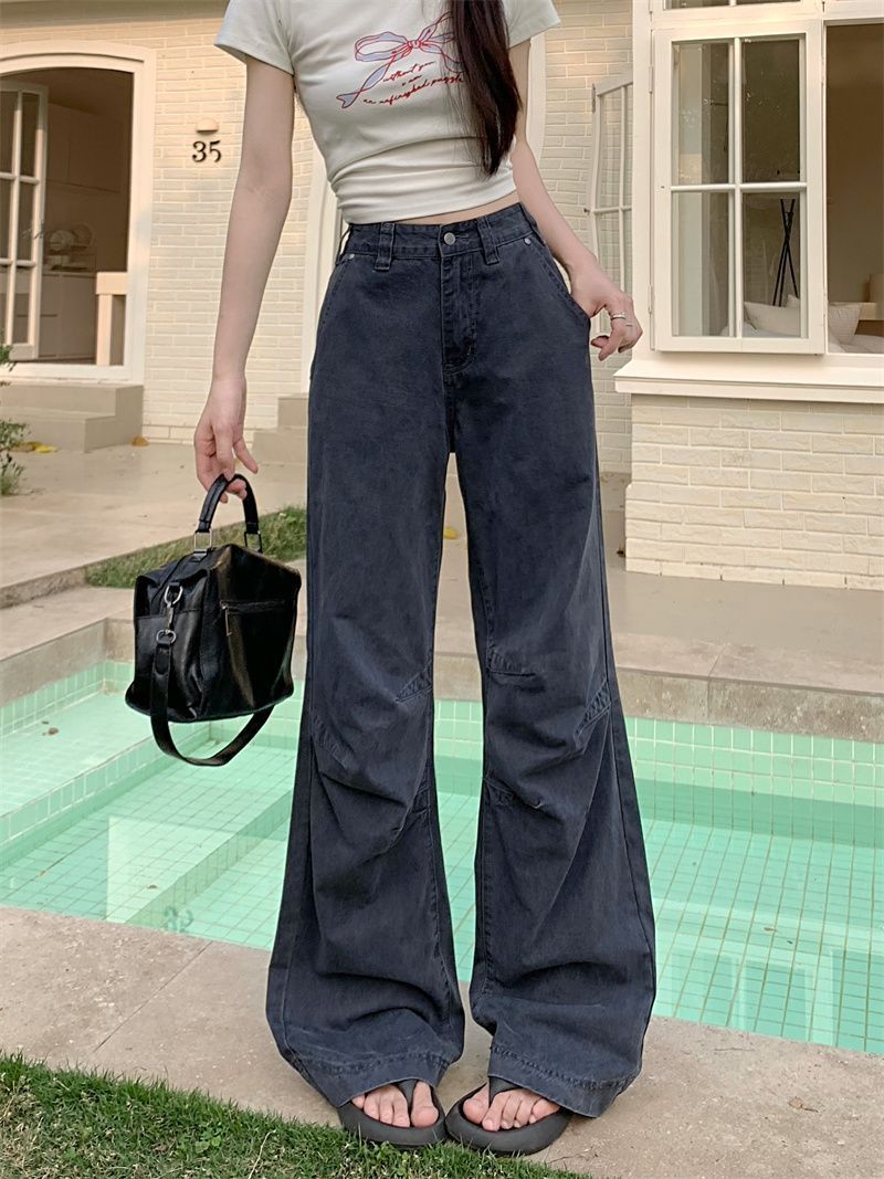 American Retro Design Workwear Jeans for Women New High Street Personalized Pleated Loose Straight Casual Pants