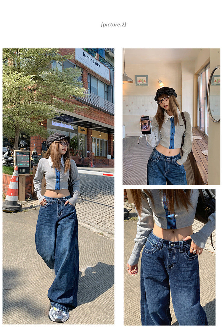 American-Style Dark Blue Wide-Leg Jeans for Women, 2025 Autumn New Straight High-Waisted Loose Slimming Lazy Floor-Length Pants