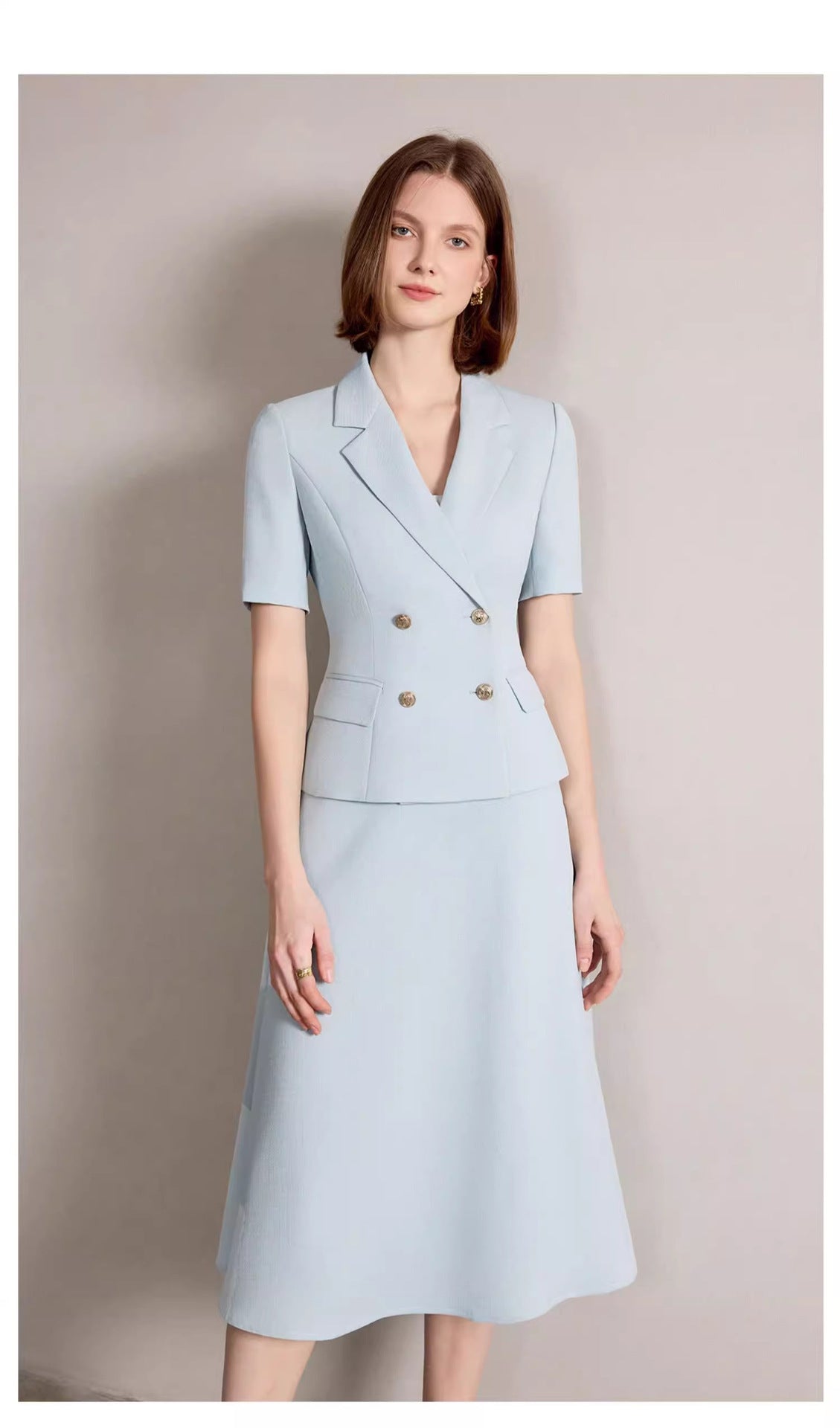 Summer New Short-Sleeved Light Blue Professional Women's Skirt Suit Double-Breasted Suit Collar Office Manager Commuting Formal Wear