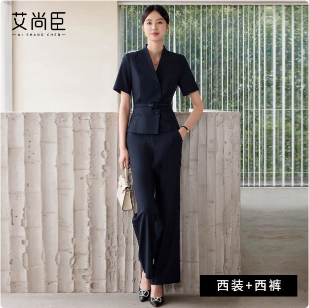 Summer New Design V-Neck Professional Women's Skirt Suit in Gray-Green, Slim-Fit and Flattering, Suitable for Reception and Work Attire