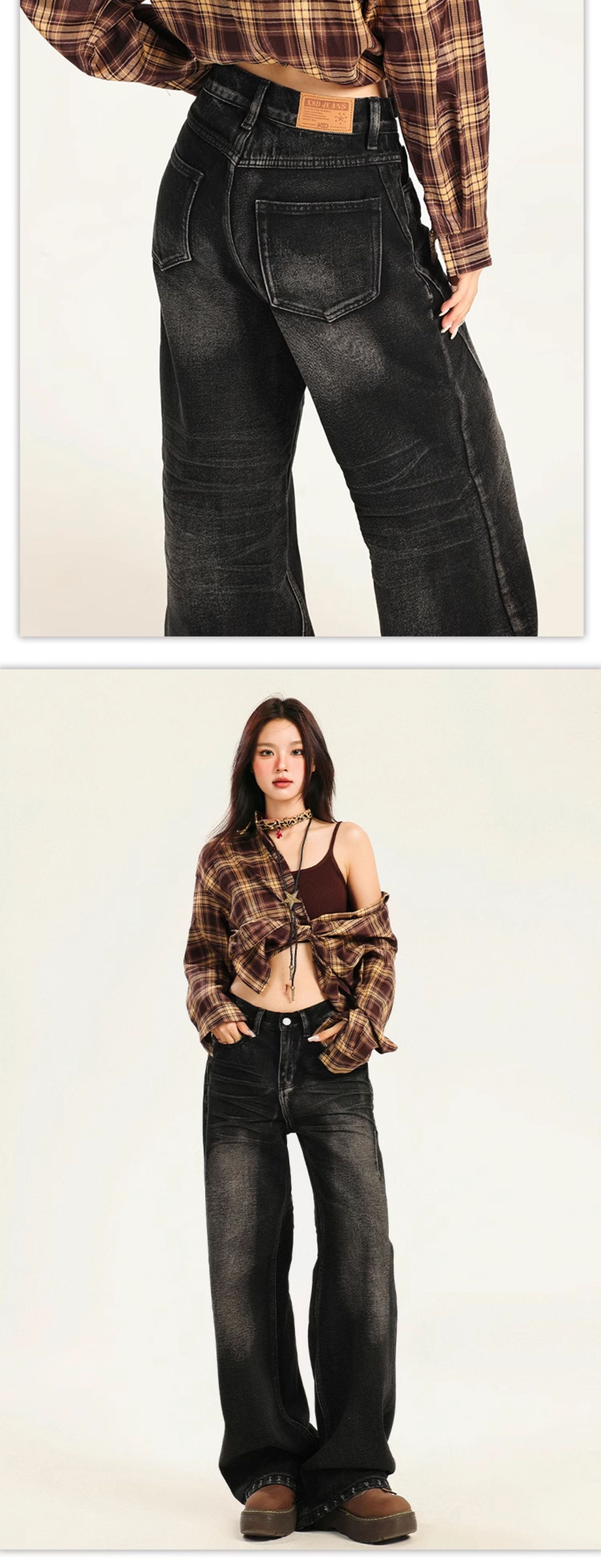 American Large Size Retro Black and Gray Jeans for Women Spring and Autumn New High-Waist Slim Straight Loose Wide-Leg Floor-Length Trousers