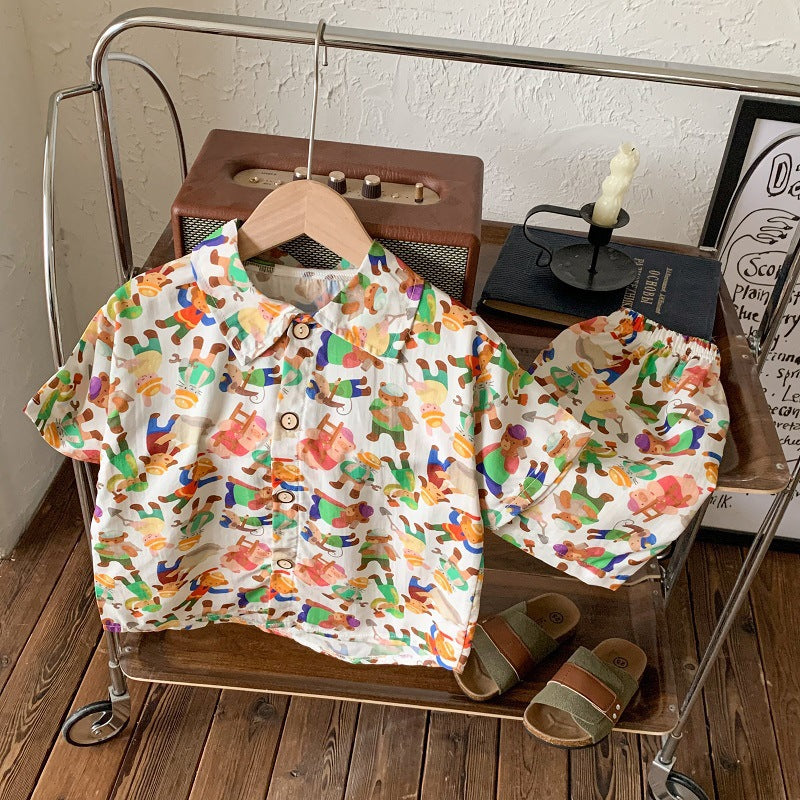 2026 New Children's Short-Sleeved Suit, Men's Short-Sleeved Shirt Suit, Short-Sleeved Shorts Beach Two-Piece Set
