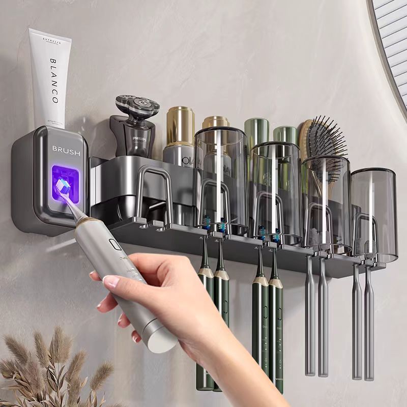 Toothbrush Storage Rack Non-Punch Brush Cup Mouthwash Cup Rack Wall-Mounted Bathroom Household Toothware Hanger