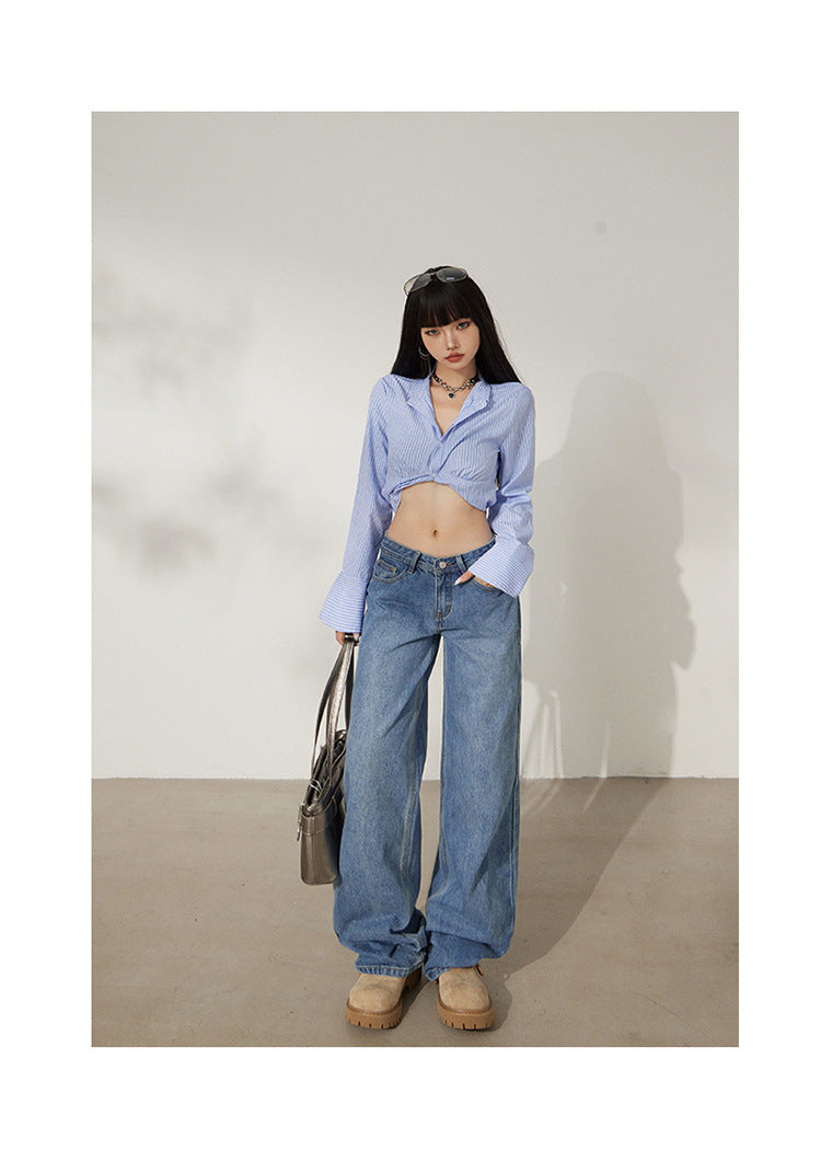 Retro Washed Wide-Leg Jeans for Women, Autumn New Low-Waist Straight Loose Design, Slimming Floor-Length Pants