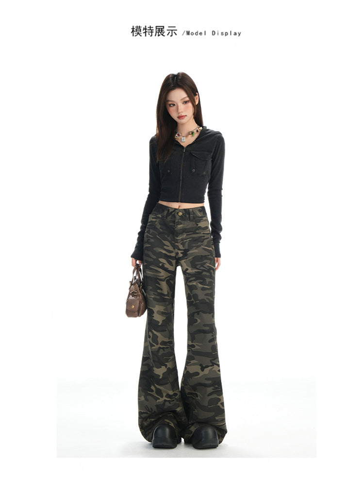 Autumn New Non-Elastic Slightly Spicy Cargo Pants American Retro Camouflage Flap Pocket Design Jeans for Women