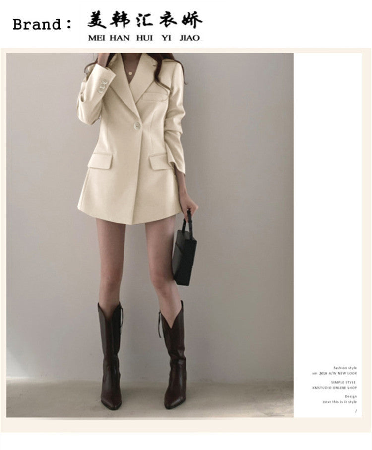 khaki Suit Jacket Women's Spring and Autumn Korean-style Ins Hong Kong-style Retro Top Tight Waist Slimming Mid-length Small Suit