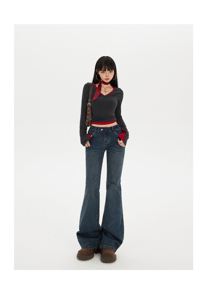 American Hot Girl Low-Waist Bootcut Jeans for Women 2025 Autum New Slim Fit Elastic Slimming Look Horseshoe Flared Pants