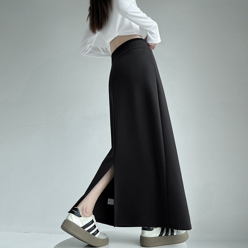 Gray Sports Skirt for Women Spring & Fall New High-Waisted Straight Slit A-Line Skirt Draped Skirt Long Skirt