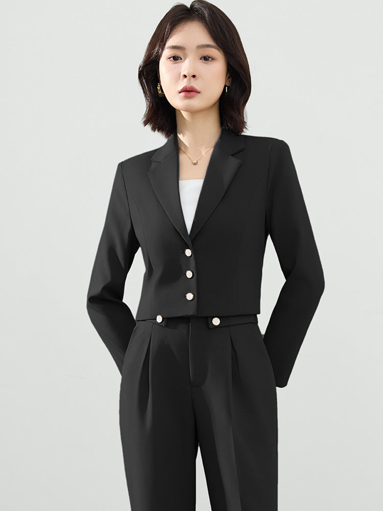 Cross-Border Gray Suit Set for Women, Spring and Autumn Short Style Professional Formal Wear, Hotel Front Desk Long-Sleeve Workwear Blazer