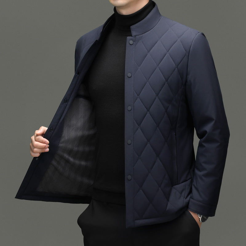 Men's Stand Collar Diamond Pattern Cotton Jacket Autumn and Winter Business Casual Warm Jacket Young and Middle-Aged Fashion Single-Breasted Top