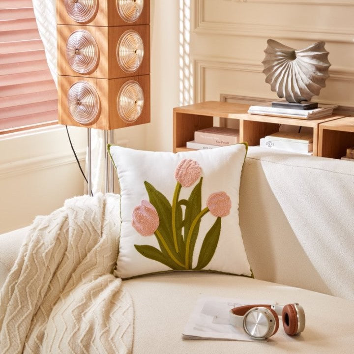 Nordic Towel Embroidered Embroidered Embroidered Pillow Living Room Cream Sofa Cushion Flower Model Room Bay Window Cushion Cover