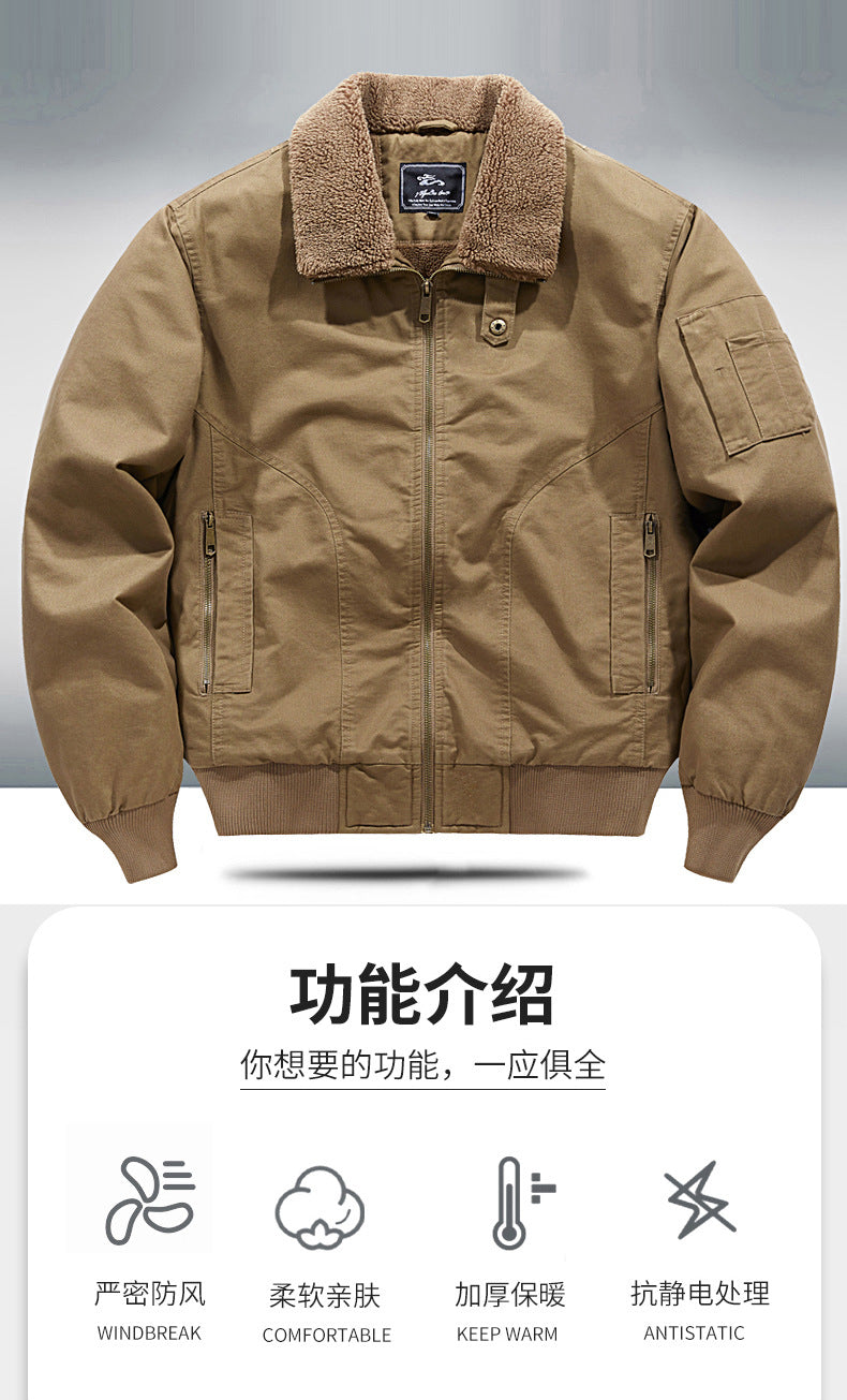 2024 Autumn/Winter New Cross-Border Men's Fleece-Lined Cotton Jacket with Stand Collar, Neck Protection, Cold-Proof, Washable Cotton Coat, Pure Cotton Outerwear