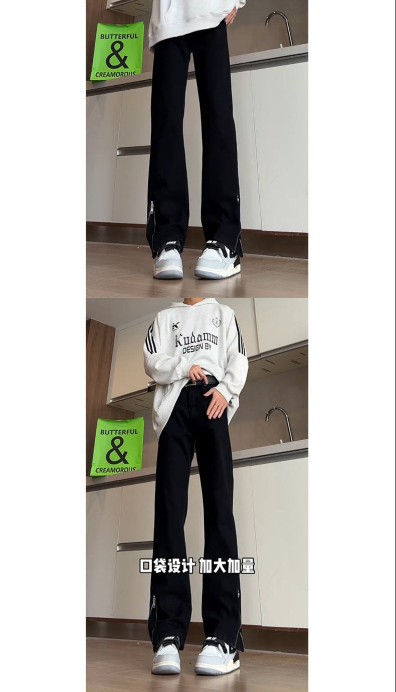 Cleanfit Side Zipper Bootcut Jeans for Men and Women American High Street Fleece-Lined Autumn and Winter Straight Slim Scimitar Pants