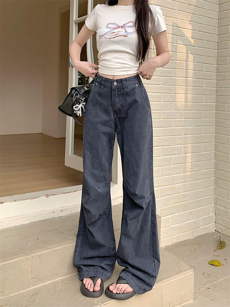 American Retro Design Workwear Jeans for Women New High Street Personalized Pleated Loose Straight Casual Pants