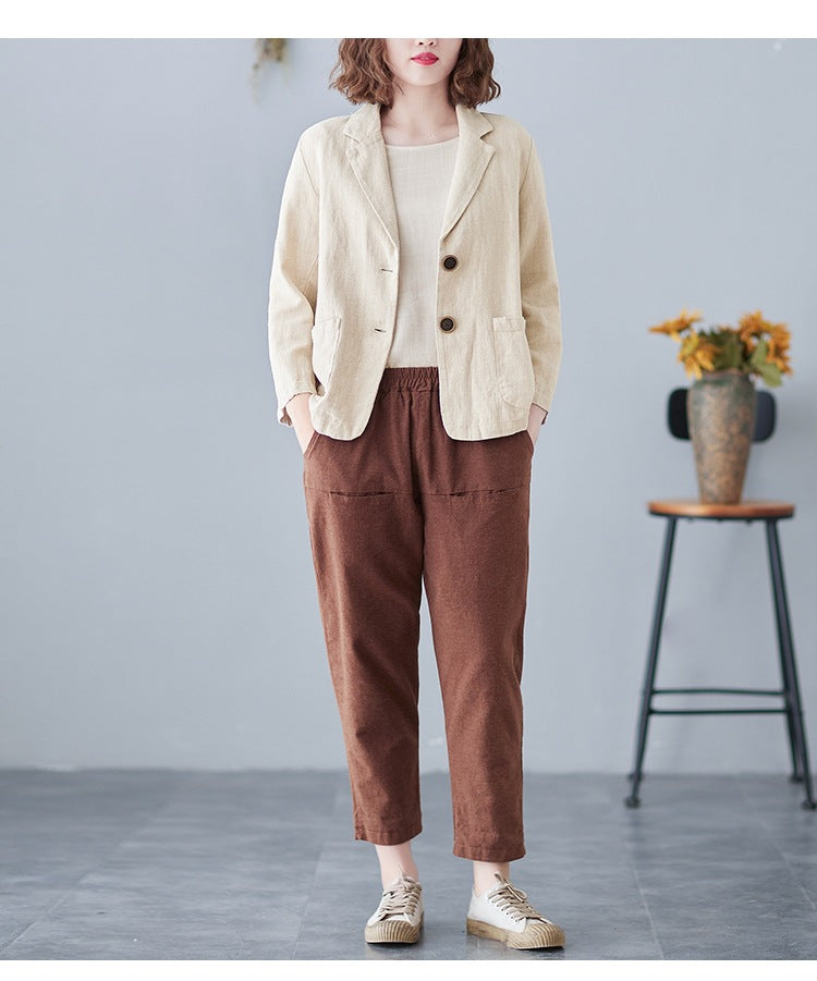 2025 Real Shot of New Cotton and Linen Retro Literary Loose Versatile Casual Long-Sleeved Button-Down Small Suit Short Jacket for Women