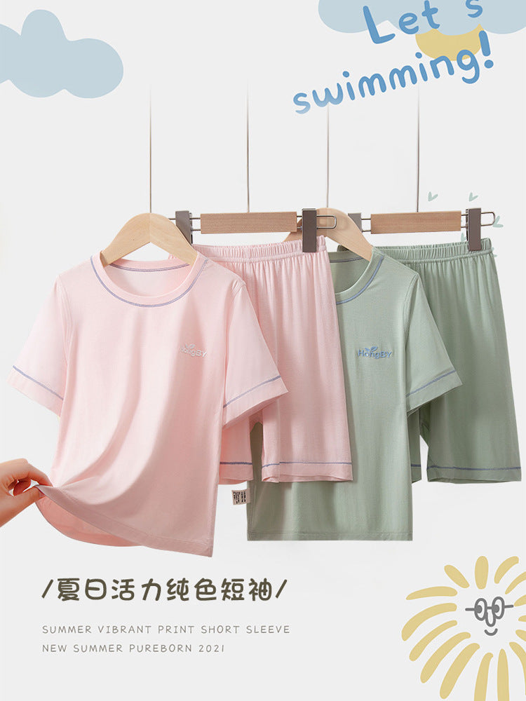 Summer Boys' Short-sleeved Shorts Modal Children's Pajamas Girls' Parent-child Home Clothes suit Children's Air-conditioning Clothes